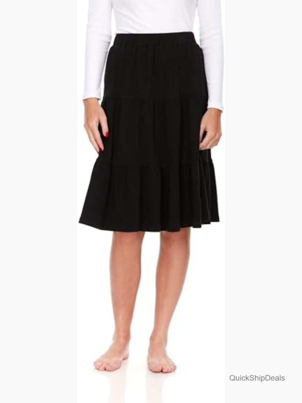 Ribbed Tiered Midi Skirt with Elastic Waist Knee Length